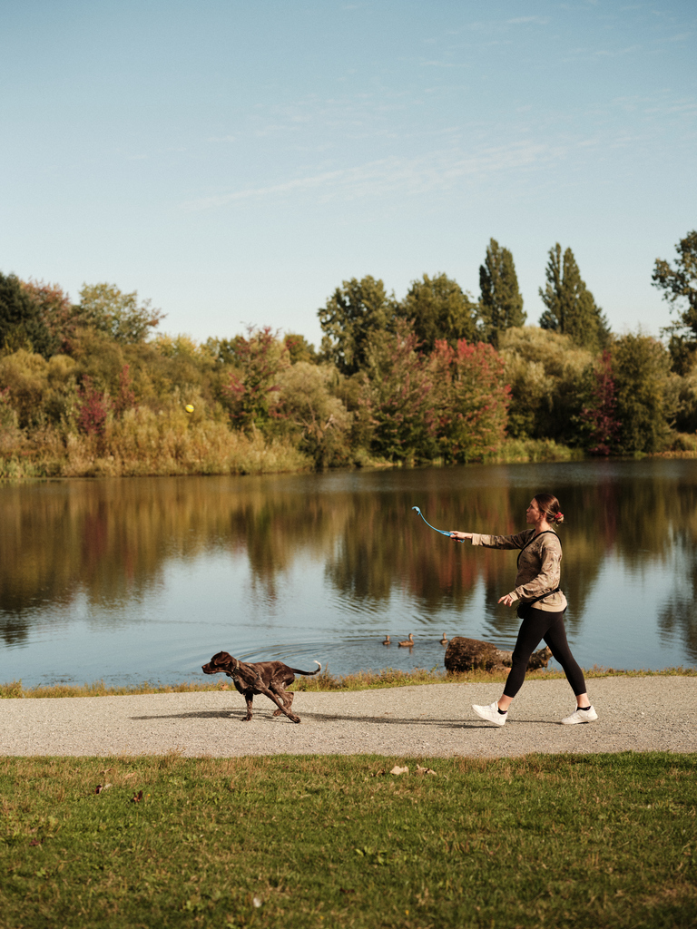 Woman walking a dog on a path by a scenic lake with ducks and trees, under a clear blue sky.